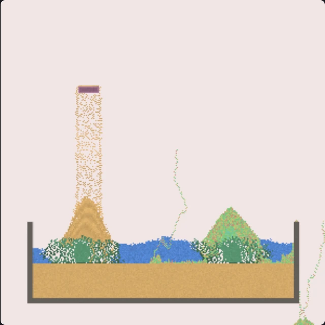 A Sandspiel canvas with a sand stream, water, walls and growing plants.